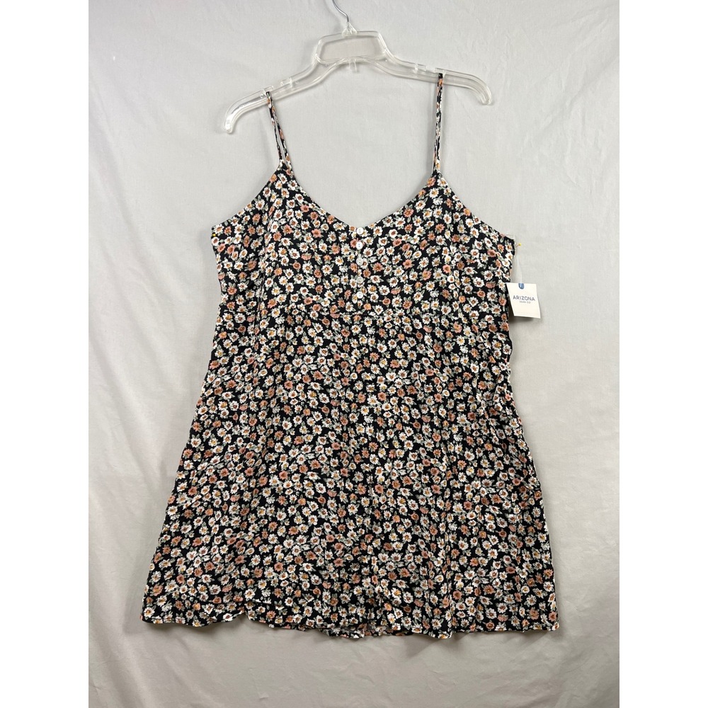 Arizona Jean Co Floral Dress Women XL Black Daisy Smocked V-Neck Mini 7272XXAD